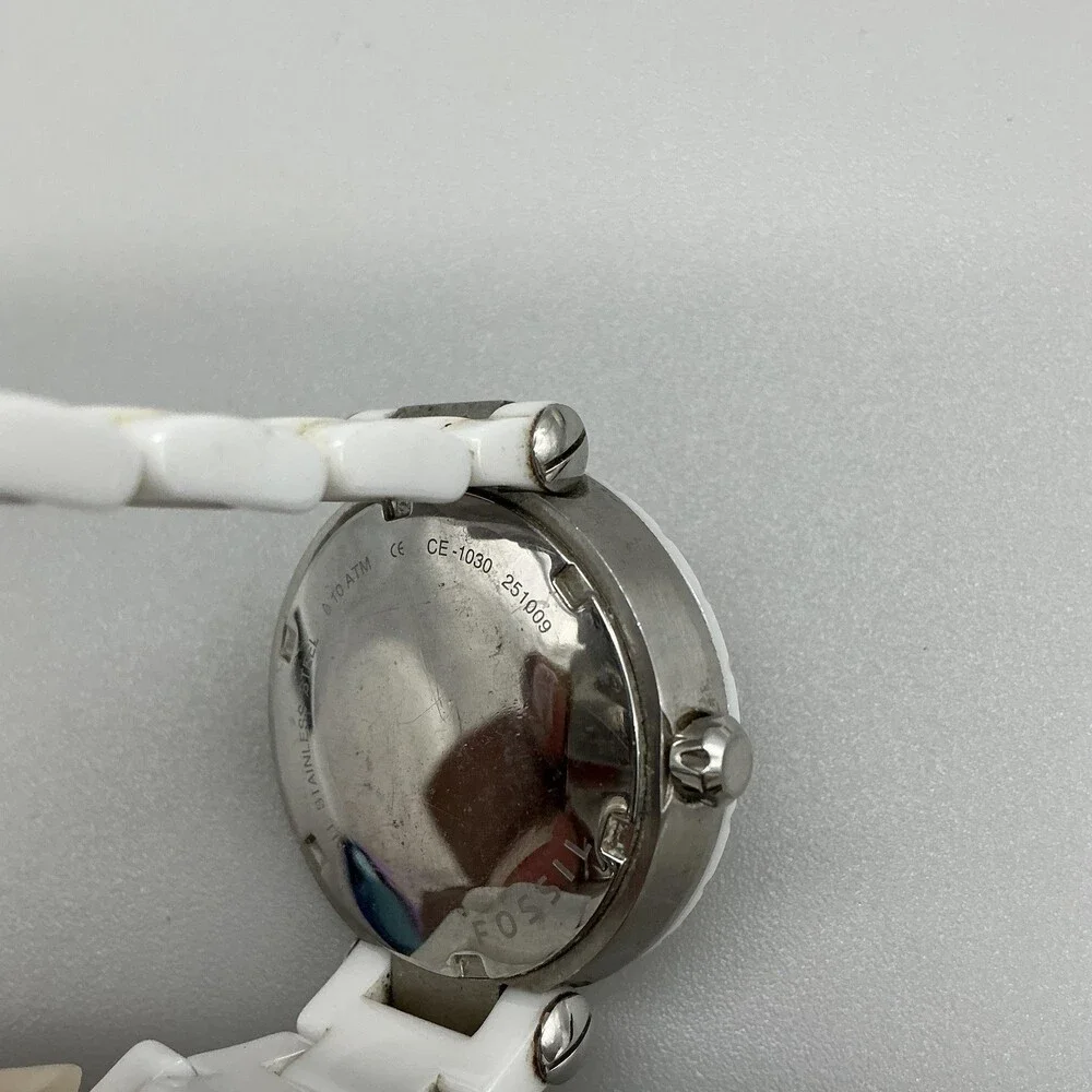 Fossil Allie Womens Watch 34mm White Ceramic Date CE-1030 New Battery 6.5